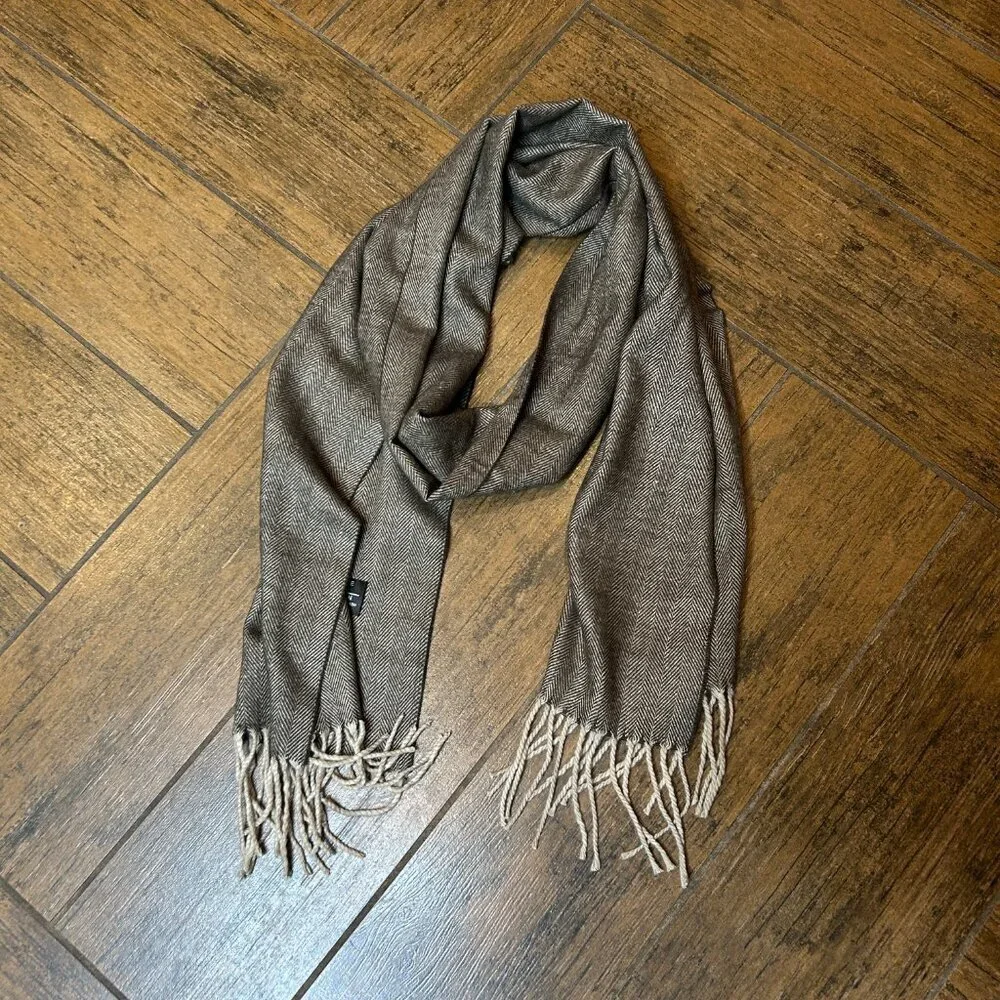 Italian Design Brown Herringbone Cashmere Blend Scarf with Fringe